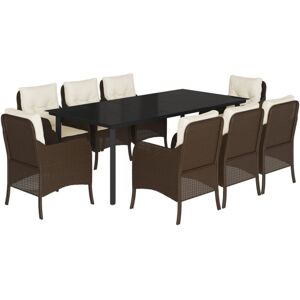 9 Piece Garden Dining Set with Cushions Brown Poly Rattan vidaXL - Brown