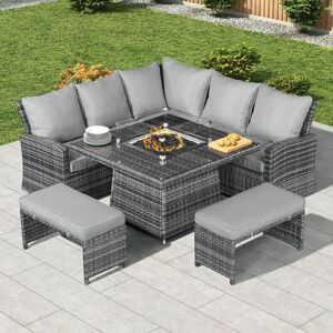 7 Seater Rattan Garden Furniture Seating Group with Fire Pit Table, Grey - Abrihome