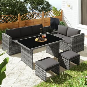 Abrihome - 7 Seater pe Rattan Garden Patio Corner Sofa Set with Glass topped 13075cm Dinning Table, with Side Storage and Cushions, Grey