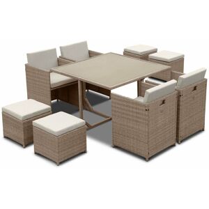 Sweeek - 4 to 8-seater rattan cube table set - table, 4 armchairs, 4 footstools - Vabo 8 - Natural rattan, Beige cushions - Natural