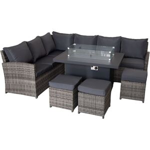 FURNITURE ONE 9 Seater Rattan Garden Furniture Corner Set with Gas Fire Pit Table with Cushion - Grey