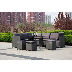 PN HOME Algarve 9 Seater Outdoor Rattan Garden Furniture Set - Garden Lounge Set - Outdoor Corner Sofa with Glass Top Coffee Table & Cushions - Grey Finish