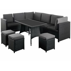 PN HOME Algarve 9 Seater Outdoor Rattan Garden Furniture Set - Garden Lounge Set - Outdoor Corner Sofa with Glass Top Coffee Table & Cushions - Black Finish
