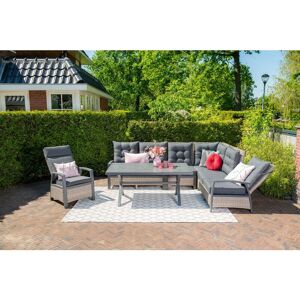 THE OUTDOOR LIVING COMPANY Bari Reclining Lounge Dining Group with Reclining Chair and High Table - Vintage Willow with Charcoal cushions