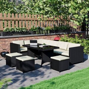 Home Discount - Belgrave Rattan Garden Furniture 9 Seater Outdoor Corner Sofa Stool Table Set, Black-With-Cover