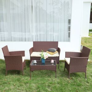 Bigzzia - set of 4-piece brown rattan garden furniture