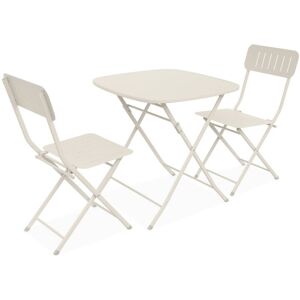 SWEEEK Off-white folding bistro-style garden table with 2 folding chairs in sturdy galvanised steel - Beige