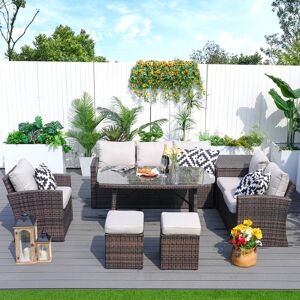 Rattan Garden Furniture Set Outdoor Sofa Set with Ottomans and Storage Box, Brown - Abrihome