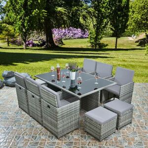 RAYGAR Deluxe 11 Piece 10 Seater Rattan Dining Garden Cube Set - Grey/Grey