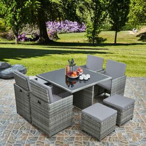 RAYGAR Deluxe 9 Piece 8 Seater Rattan Dining Garden Cube Set - Grey/Grey