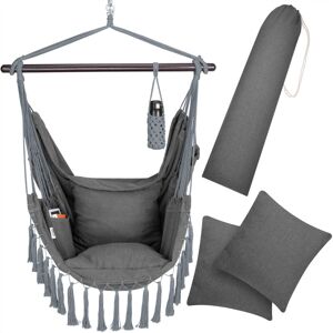 Boho Style Hanging Hammock Chair w/Drink Holder 2 Cushion Indoor Outdoor Anthracite - Anthracite - Detex