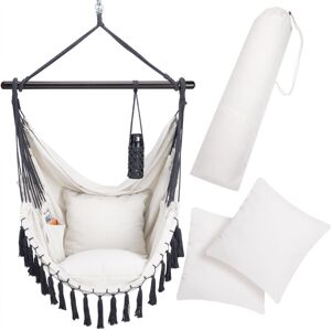 Boho Style Hanging Hammock Chair w/Drink Holder 2 Cushion Indoor Outdoor Cream - Cream - Detex