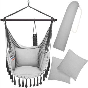 DETEX® Boho Style Hanging Hammock Chair w/Drink Holder 2 Cushion Indoor Outdoor Light Grey - Light grey