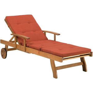 Beliani - Rustic Garden Sun Lounger Acacia Wood Reclining with Castors Red Cushion Java - Light Wood