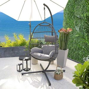 CHALKDALE Ferndown Rattan Foldable Hanging Chair with Thick Comfortable Grey Cushion