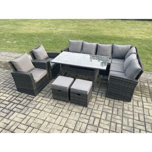 Fimous - 10 Seater Garden Rattan Furniture Corner Sofa Dining Table Chairs with 2 Small Footstools Indoor Outdoor Lounge Sofa Set