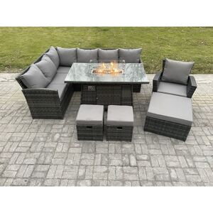 FIMOUS 10 Seater Outdoor Rattan Garden Furniture Set Corner Sofa Gas Fire Pit Dining Table Sets Gas Heater with 3 Footstools Armchair Dark Grey Mixed
