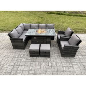 Fimous - 10 Seater Rattan Garden Furniture High Back Corner Sofa Gas Fire Pit Dining Table Sets Gas Heater with Armchair 2 Small Footstools Dark Grey