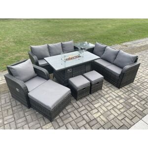 Fimous - 10 Seater Wicker Rattan Garden Furniture Set Gas Fire Pit Dining Table Reclining Chair 3 Seater Sofa Set Indoor Outdoor with Side Table 3