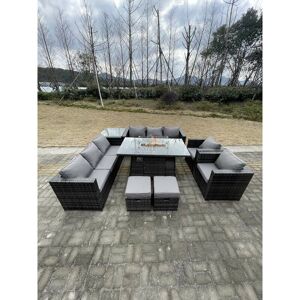Fimous - 10 Seater Outdoor Lounge Rattan Sofa Set Garden Furniture Gas Firepit Set Dining Table With Chair Coffee Table Stools Dark Grey Mixed