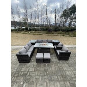 10 Seater Outdoor Lounge Rattan Sofa Set Garden Furniture Gas Firepit Set Heater Dining Table With Chair and 2 Coffee Table Dark Grey Mixed - Fimous