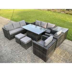 Fimous - 10 Seater Outdoor Rattan Garden Furniture Adjustable Rising Lifting Side Tables Small Footstools Dark Grey Mixed