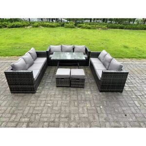 Fimous 11 Seater Rattan Outdoor Furniture Sofa Garden Dining Set with Patio Dining Table 2 Small Footstools Dark Grey Mixed