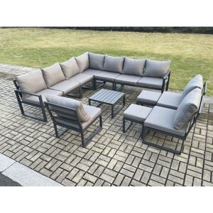 Fimous - 12 Seater Outdoor Aluminium Garden Furniture Set Corner Lounge Sofa Set with Square Coffee Table 2 Small Footstools Dark Grey