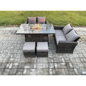 Fimous - 5 Pieces Garden Furniture Sets Poly Rattan Outdoor Patio Gas Firepit Dining Table Sofa Set with 2 Small Footstools