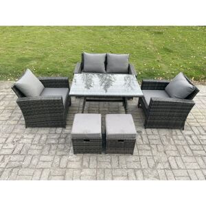 Fimous - 6 Seater Outdoor Garden Furniture High Back Rattan Sofa Dining Table Set with 2 Small Footstools Dark Grey Mixed