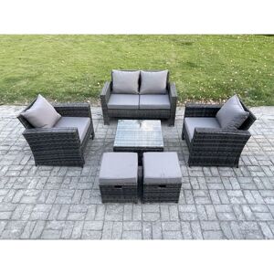Fimous - 6 Seater Outdoor Garden Furniture High Back Rattan Sofa Set with Square Coffee Table 2 Small Footstools Dark Grey Mixed