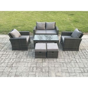 Fimous - 6 Seater Outdoor Rattan Garden Furniture Set Patio Lounge Sofa Set with Coffee Table 2 Small Footstools Dark Grey Mixed