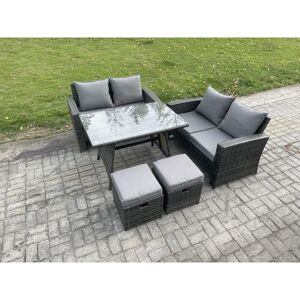 Fimous - 6 Seater Wicker pe Rattan Garden Dining Set Outdoor Furniture Sofa with Rectangular Dining Table Double Seat Sofa 2 Small Footstools Dark