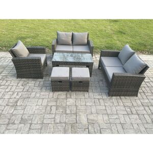 Fimous - 7 Seater Rattan Outdoor Garden Furniture Sofa Set with Coffee Table 2 Small Footstool Dark Grey Mixed