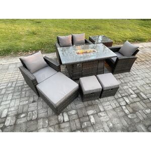 7 Seater Outdoor Rattan Sofa Set Garden Furniture Gas Firepit Dining Table Heater with 3 Footstools Side Table Dark Grey Mixed - Fimous