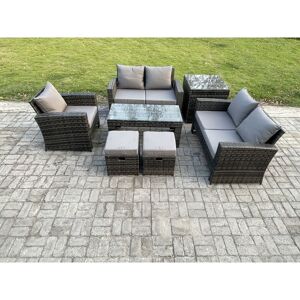 Fimous 7pcs Rattan Outdoor Garden Furniture Sofa Set with Coffee Table Side Table 2 Small Footstools Dark Grey Mixed