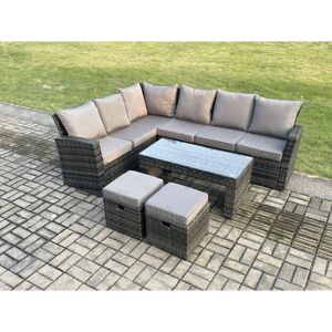 Fimous - 8 Seat Rattan Garden Furniture Corner Sofa Set Outdoor Patio Sofa Table Set with 2 Small Footstools Dark Grey Mixed