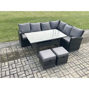 Fimous - 8 Seater Garden Rattan Furniture Corner Sofa Dining Table Set with 2 Small Footstools Indoor Outdoor Lounge Sofa Set