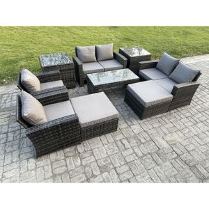 Fimous - 8 Seater Outdoor Rattan Patio Furniture Set Garden Lounge Sofa Set with Armchairs 2 Side Tables 2 Big Footstool Coffee Table Dark Grey Mixed