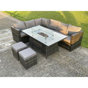 Fimous - 8 Seater pe Rattan Corner Sofa Set Gas Fire Pit Dining Table Set Heater With 2 Small Stools