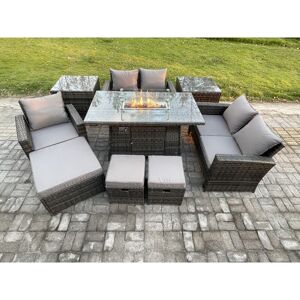 Fimous - 8 Seater Rattan Outdoor Garden Furniture Gas Fire Pit Table Sets Gas Heater with Love Sofa Armchair 3 Footstools 2 Side Tables Dark Mixed