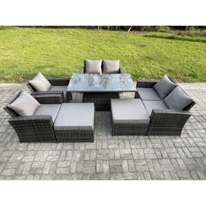 Fimous - 8 Seater Wicker Rattan Garden Furniture Rising Table Set with 2 Big Footstool Double Seat Sofa Armchairs Dark Grey Mixed