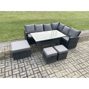 Fimous - 9 Seater Garden Rattan Furniture Corner Sofa Dining Table Chair Set with 2 Small Footstools Indoor Outdoor Lounge Sofa Set