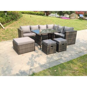 Fimous - 9 Seater Grey Rattan Corner Sofa Set Dining Table with 2 Small Footstool Garden Furniture Outdoor