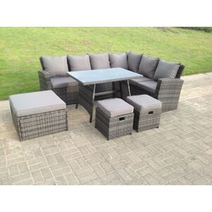 9 Seater High Back Rattan Garden Furniture Set Corner Sofa With Oblong Dining Table Big And Small Stool - Fimous