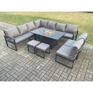 Aluminium 11 Seater Lounge Corner Sofa Outdoor Garden Furniture Sets Gas Fire Pit Dining Table Set with 2 Small Footstools Dark Grey - Fimous
