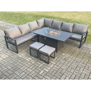 Aluminium 9 Seater Garden Furniture Outdoor Set Patio Lounge Sofa Gas Fire Pit Dining Table Set with 2 Small Footstools Dark Grey - Fimous