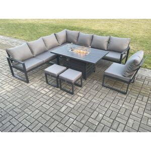 Fimous - Aluminium Lounge Corner Sofa Outdoor Garden Furniture Sets Gas Fire Pit Dining Table Set with 2 Small Footstools Dark Grey