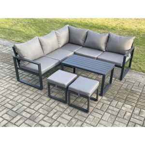 Fimous - Aluminium Outdoor Garden Furniture Set Lounge Sofa Oblong Coffee Table Sets with 2 Small Footstools Indoor Conservatory Set Dark Grey