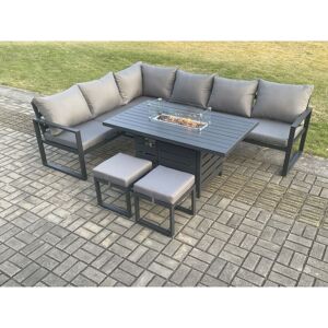 Aluminium Patio Outdoor Garden Furniture Corner Sofa Set Gas Fire Pit Dining Table with 2 Small Footstools Dark Grey - Fimous